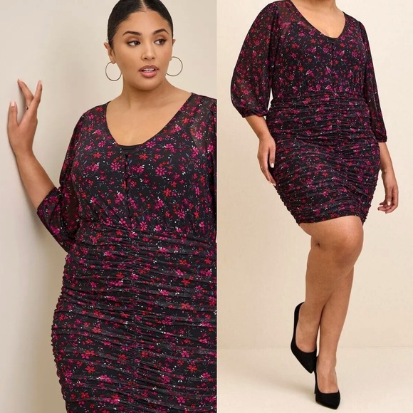 Torrid Mini Mesh Ruched Button Shirt Dress in Ditsy Floral | 2X - Picture 1 of 4